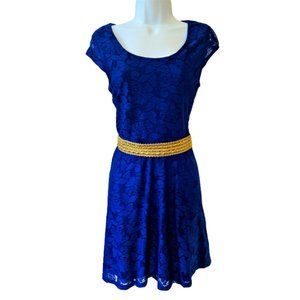 Candies Women’s Royal Blue Lined Lace Mini Dress w Cap Sleeve and Cut Out Back
